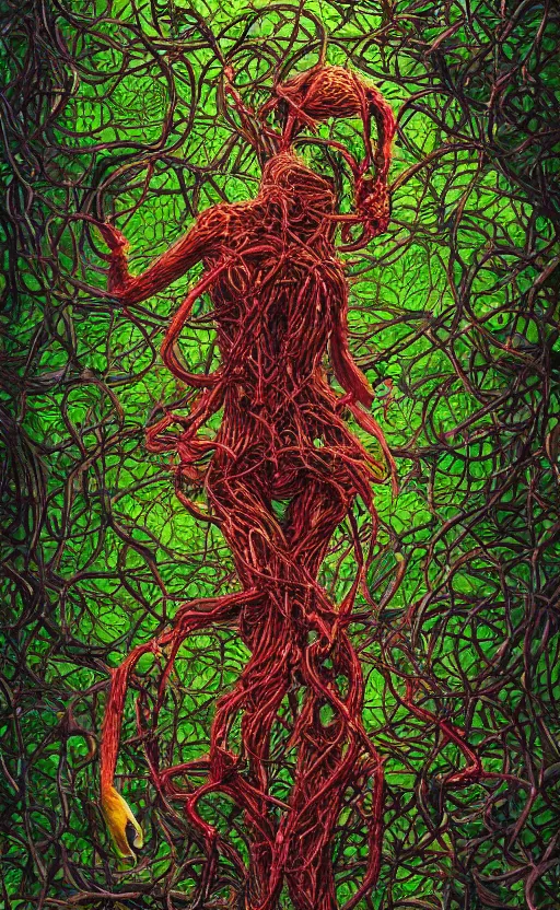 Image similar to a person trapped in extremely thick vines intertwined, central composition, high saturation, epic lighting, in the style of Peter gric and Hannah yata 8k