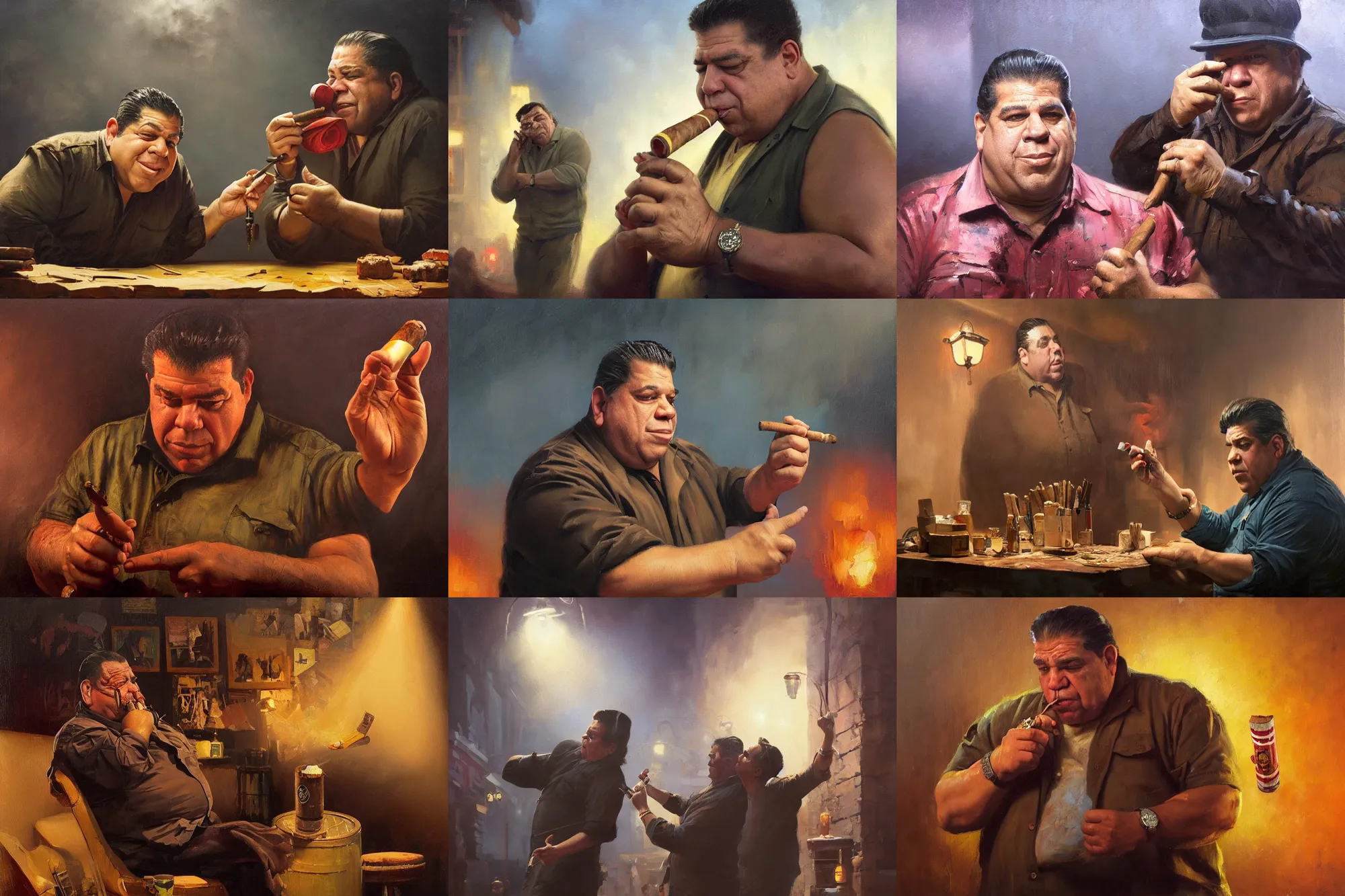 Prompt: an oil painting of uncle joey diaz offering you a cuban cigar, on stage, ultra realistic, highly detailed, masterpiece, cinematic by greg rutkowski, frank frazetta, beeple, christian macnevin, beeple, wlop, krenz cushart, epic fantasy character art, volumetric lighting, cgsociety