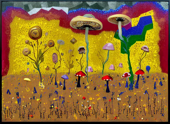 Image similar to expressionistic pixelated decollage painting golden armor alien zombie horseman riding on a crystal bone dragon broken rainbow diamond maggot horse in a blossoming meadow full of colorful mushrooms and golden foil toad blobs in a golden sunset, distant forest horizon, painted by Mark Rothko, Helen Frankenthaler, Danny Fox and Hilma af Klint, graffiti buff, pixel mosaic, semiabstract, color field painting, byzantine art, pop art look, naive, outsider art, very coherent symmetrical artwork. Bekinski painting, part by Philip Guston and Adrian Ghenie, art by George Condo, 8k, extreme detail, intricate detail, masterpiece