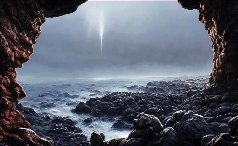 Image similar to no fear, no hesitation, no surprise, no doubt, directed by charlie kaufman ( 2 0 0 1 ) anamorphic lenses, a rocky shore in the foreground, foggy volumetric light morning, a beam of light from the heavens, cinematic trending on artstation in the style of greg rutkowski