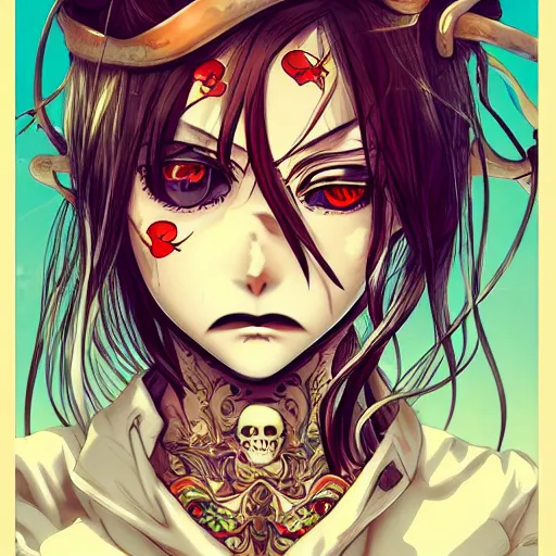 Image similar to anime manga skull portrait girl face pigtails pirate detailed highres 4k Trevor brown Mucha and James Jean pop art nouveau