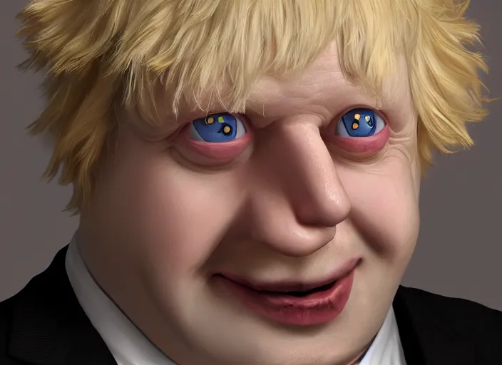Prompt: boris johnson as a inflatable doll, big eyes, grin, portrait by greg hildebrandt, studio lighting, muted colors, by terry richardson, handmade, by beeple, ultrarelistic, extreme detail, reflections, trending on artstation, 8 k