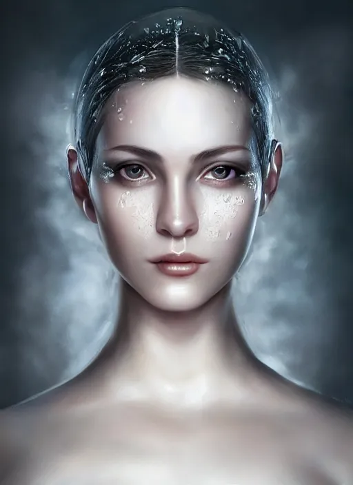 Prompt: a beautiful woman portrait with glossy sweat skin white, 8 k, sensual, mechanical parts, hyperrealistic, hyperdetailed, sharp focus portrait beautiful face, no hair, dark fantasy, fantasy portrait by laura sava