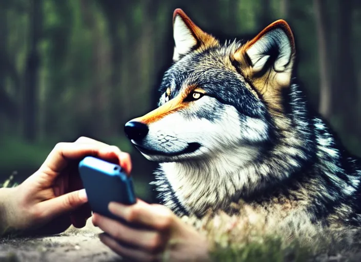 Image similar to portrait of a wolf playing games on a phone, realistic photograph, high quality, 4 k, full shot