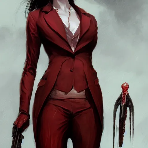 Prompt: portrait of vidhya balan upper body in bloody business suit, blood red eyes, vampire fangs, fantasy, intricate, elegant, highly detailed, digital painting, artstation, concept art, matte, sharp focus, illustration, art by aenaluck and roberto ferri and greg rutkowski, epic fantasy, digital painting