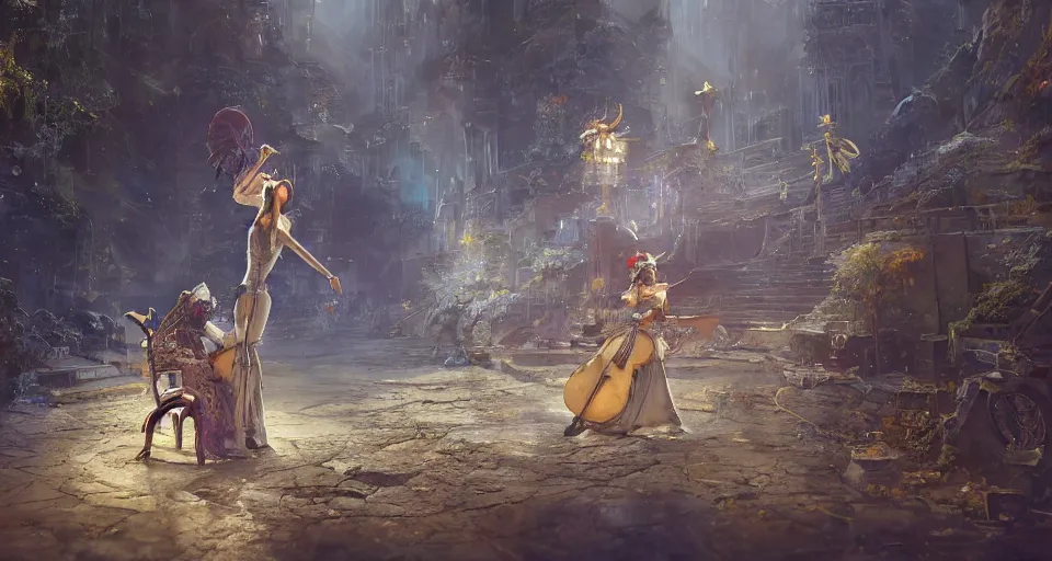 Image similar to craig mullins and ghibli digital art of on the huge stage, the masked female violinist playing alone, she wore a strong exotic costumes, gold ornaments, black hair, circulation string sound with graceful figure, evoke the desire of every audience present. unreal engine, hyper realism, realistic shading, cinematic composition, realistic render, octane render, detailed textures, photorealistic, wide shot