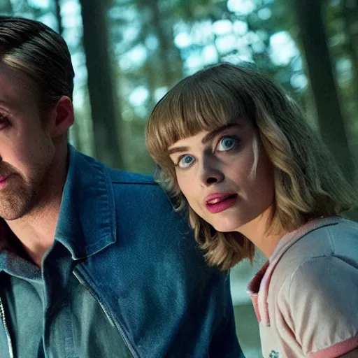 Image similar to still of ryan gosling and margot robbie, in stranger things