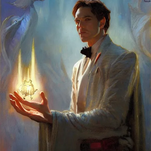 Image similar to attractive magician casts dark spell, summoning attractive lucifer morningstar. highly detailed painting by gaston bussiere, craig mullins, j. c. leyendecker 8 k