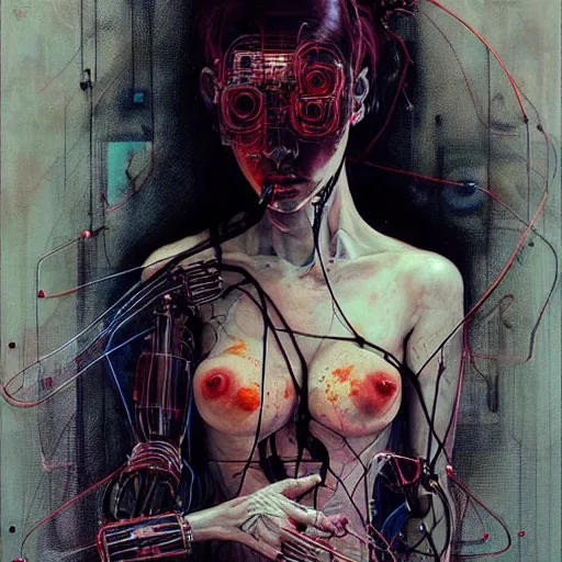 Prompt: woman cyberpunk hacker dream theief, wires cybernetic implants, in the style of adrian ghenie, esao andrews, jenny saville,, surrealism, dark art by james jean, takato yamamoto