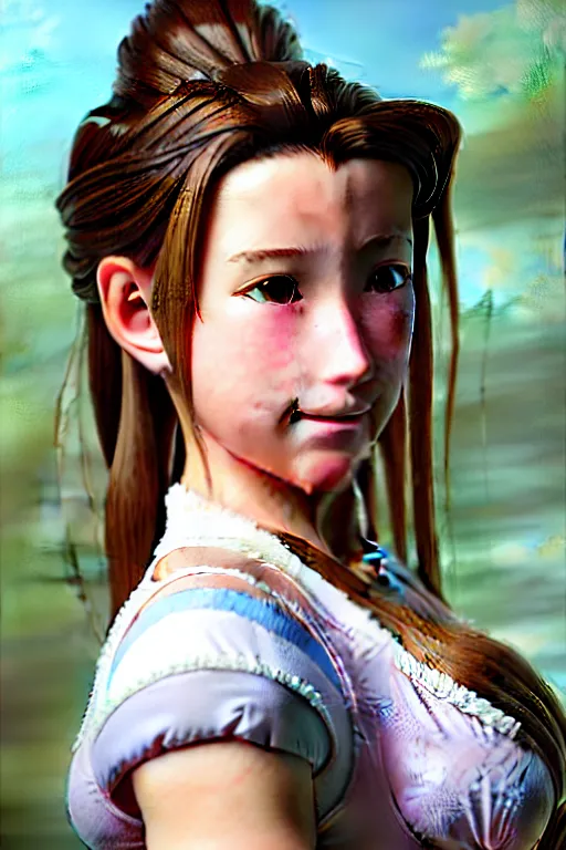 Image similar to subject : detailed full body portrait illustration of aerith gainsborough perfect face, medium : oil on canvas, style : realistic pose study portrait, maximalist, accurate, full color chiaroscuro artist : tetsuya nomura, 4 k, focus : full body and head