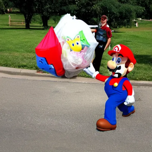 Image similar to super mario throwing away some trash