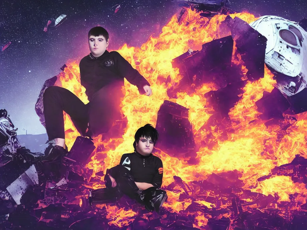 Image similar to portrait of an overweight depressed teenager with emo haircut wearing gothy purple and black spandex suit, sitting next to smashed burning spacecraft wreckage, on the orange surface of mars, highly detailed, dramatic lighting, photorealistic, cinematic