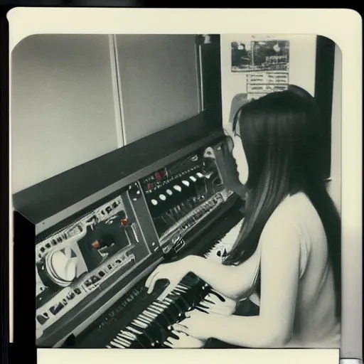 Image similar to 1 9 7 0 s polaroid of a female japanese musician playing a vintage modular synthesizer, hazy, faded