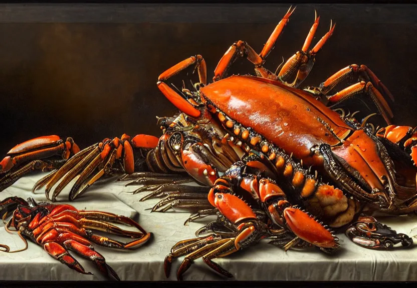Prompt: an opulent banquet of food on a table covered with colorful crabs and lobsters and scarabs. many colored laser beams bounce around. giger ’ s xenomorph. the thing. reclaimed lumber, detailed and intricate environment, hyperrealism, food photography, rembrandt