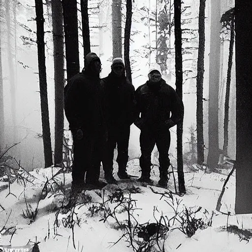 Image similar to low quality iphone photo of the payday : the heist crew standing ominously deep in the foggy woods low visibility creepy, grainy, trail cam footage