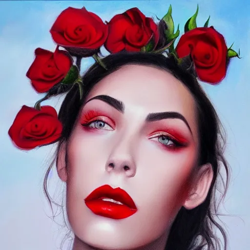 Prompt: hyperrealism oil painting, fashion model portrait, red lip stains, roses