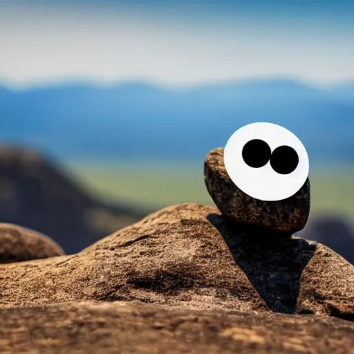 Image similar to Photograph of two rocks with googly eyes at edge of a mountain in a savana