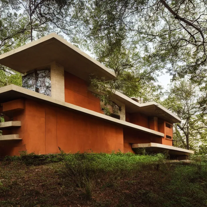 Prompt: a human face as a house by frank lloyd wright, eerie, lush trees, award winning photo, 8 k,