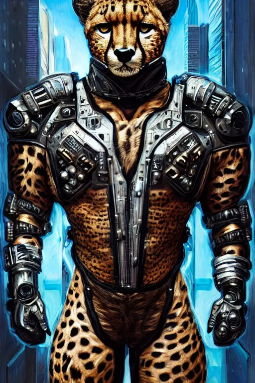 Image similar to a portrait of a muscular anthropomorphic cyberpunk cheetah in spacesuit armor with ensignia on chest plate by sandra chevrier, by jon foster, detailed render, post - processing, extremely hyperdetailed, intricate, epic composition, cybernetics, 4 k realistic, cryengine, realistic shaded lighting, sharp focus, masterpiece, by enki bilal