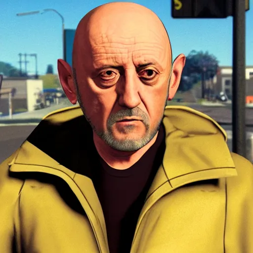 Image similar to Jonathan Banks aka Mike Ehrmantraut from Better Call Saul as a GTA character portrait, Grand Theft Auto, GTA cover art