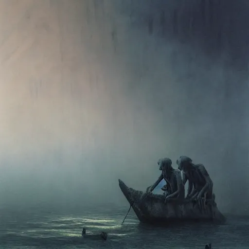 Prompt: ferrying deceased souls across the river and into the underworld, beksinski, dariusz zawadzki, very coherent symmetrical artwork. cinematic, hyper realism, high detail, octane render, 8 k