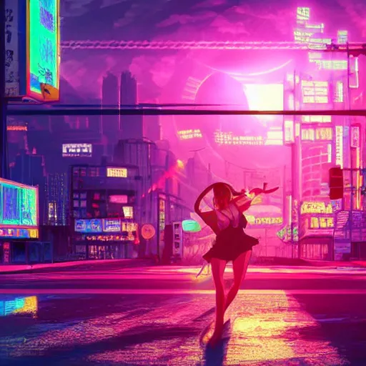 Prompt: city pop idol dancing in the apocalypse cyberpunk, accurate features, focus, very intricate ultrafine details, masterpiece, 8 k hd, realistic shaded lighting, detailed render, detailed backgrounds, epic composition, soft neon lights, rain