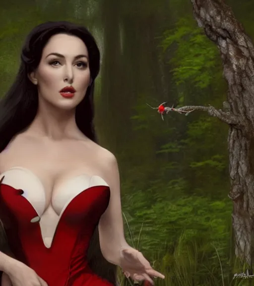 Prompt: film still of Monica Bellucci as snow white and red veil, in a forest by a pond with frogs, by artgerm, makoto sinkai, magali villeneuve, Gil Elvgren, Earl Moran,Enoch Bolles, symmetrical,