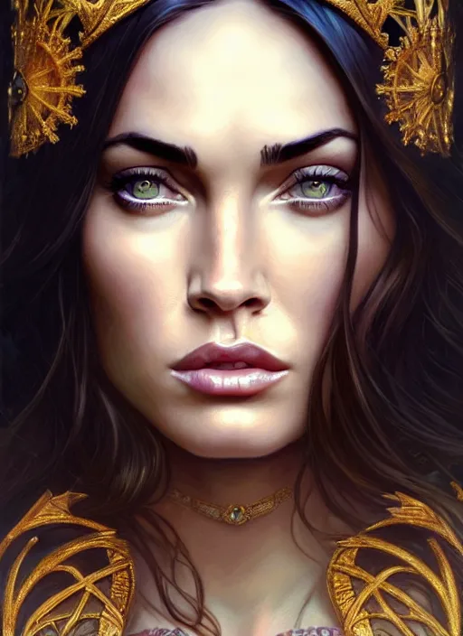 Image similar to portrait of megan fox as a queen, throne, jewelry, greek, violette, intricate, headshot, highly detailed, digital painting, artstation, concept art, sharp focus, cinematic lighting, illustration, art by artgerm and greg rutkowski, alphonse mucha, cgsociety