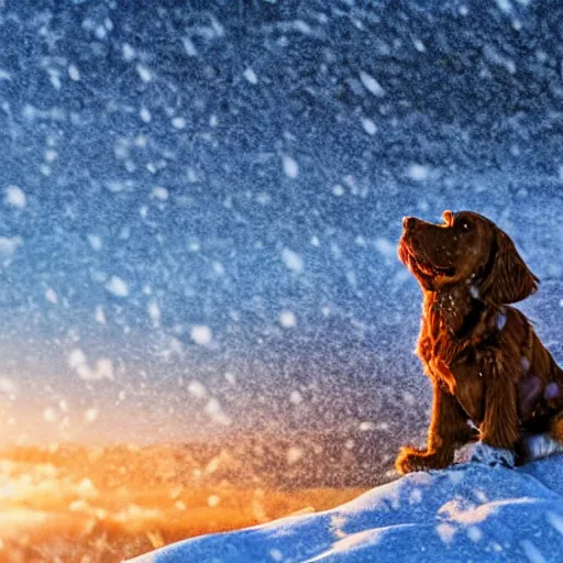 Prompt: A light brown English Cocker Spaniel howling on a snowy mountain, photo realistic, well detailed, with a sunset