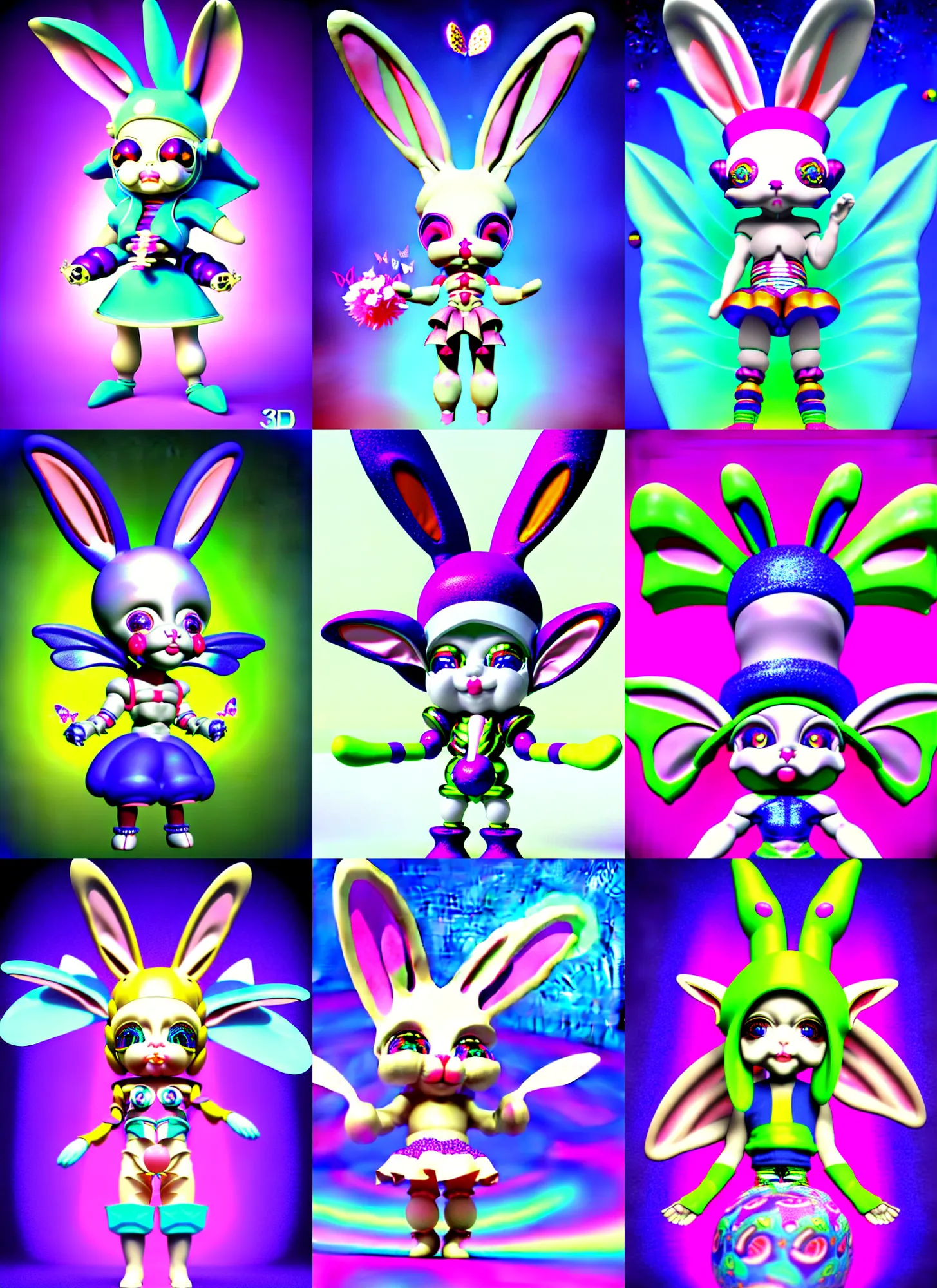 Prompt: 3 d silicon graphics render of chibi cyborg bunny 🐰 jester fool 🧙 by ichiro tanida wearing a big wizard hat and wearing angel wings against a psychedelic acid background with 3 d butterflies and 3 d flowers in the style of early three dimensional computer graphics 3 d rendered y 2 k aesthetic