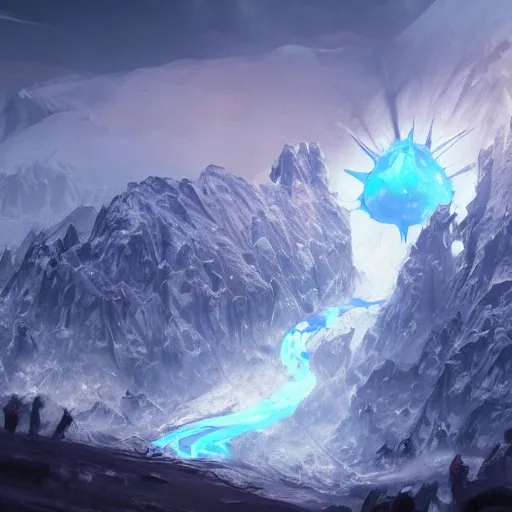 Prompt: blue glacier volcano eruption, blue glacier volcano eruption, blue liquid and snow, snow army war, war armies under the mountain, ice cold blue theme, bright masterpiece artstation. 8 k, sharp high quality artwork in style of jose daniel cabrera pena and greg rutkowski, concept art by tooth wu, blizzard warcraft artwork, hearthstone card game artwork