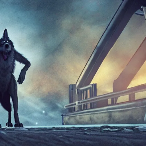 Prompt: a werewolf howling, standing next to a conveyor belt