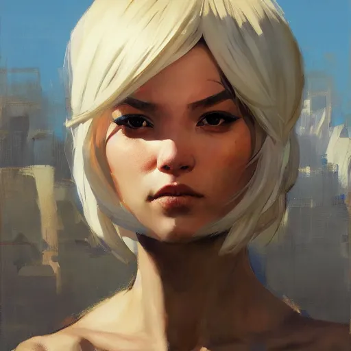 Image similar to greg manchess portrait painting of yorha type a no. 2, organic painting, sunny day, matte painting, bold shapes, hard edges, street art, trending on artstation, by huang guangjian and gil elvgren and sachin teng