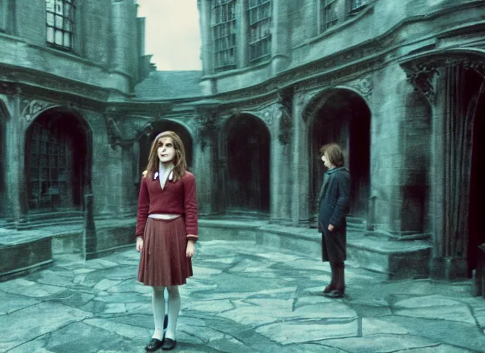 Prompt: photograph. emma watson as hermione granger. behind the scenes. harry potter film set. kodak ektachrome. green tint. rxpired film. extremely detailed. 4 k. award winning.