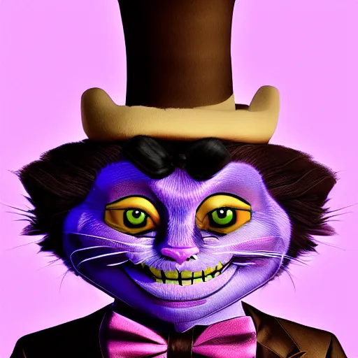 Image similar to The Cheshire Cat dressed up as Willy Wonka, digital art, trending on artstation