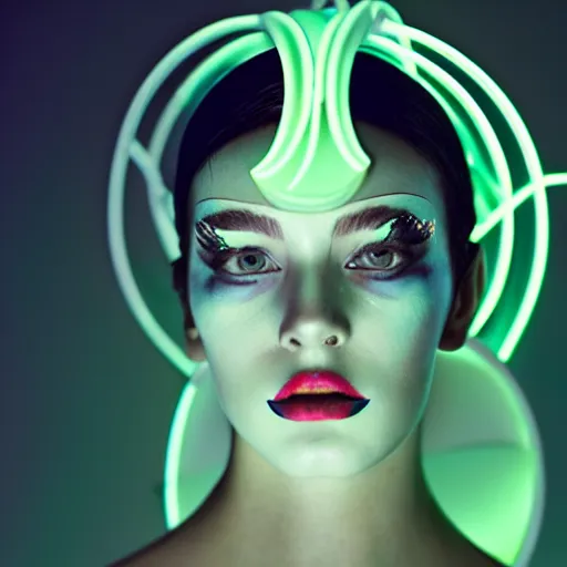 Image similar to high fashion photography of a model in neo futurism white sci - fi makup, transparent cloth, beautifully lit by neon light