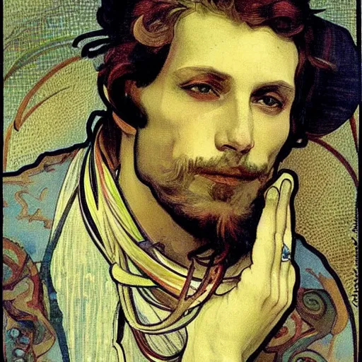 Image similar to lapo lekann painted by alfons mucha