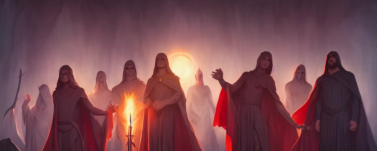 Image similar to cult members performing a ritual in capes by magali villeneuve, artgerm, greg rutkowski, digital art, sharp focus, award winning, intrecate details, 4 k,