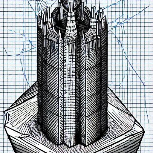 Image similar to isometric view of a wizard tower, lineart, sharp edges, colorized