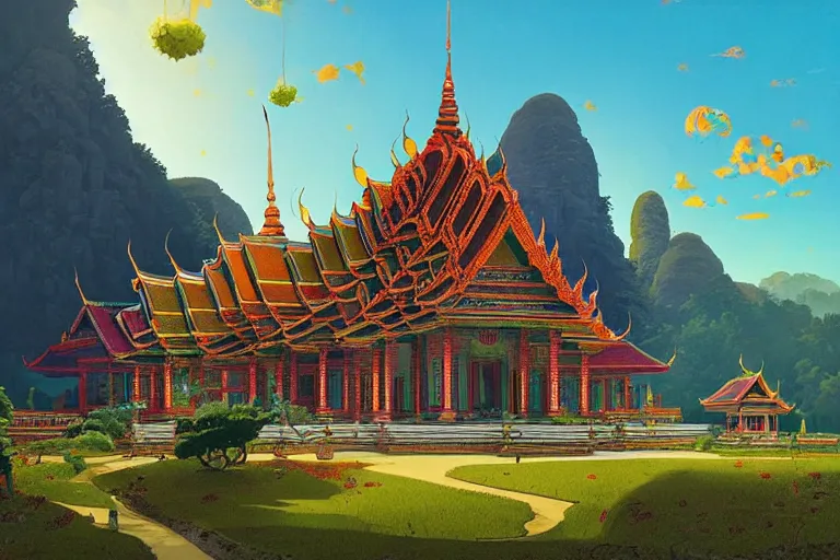 Image similar to summer morning, thai temple, rolling mountain, very coherent and colorful high contrast, art by gediminas pranckevicius, geof darrow, franz sedlacek, dark shadows, hard lighting