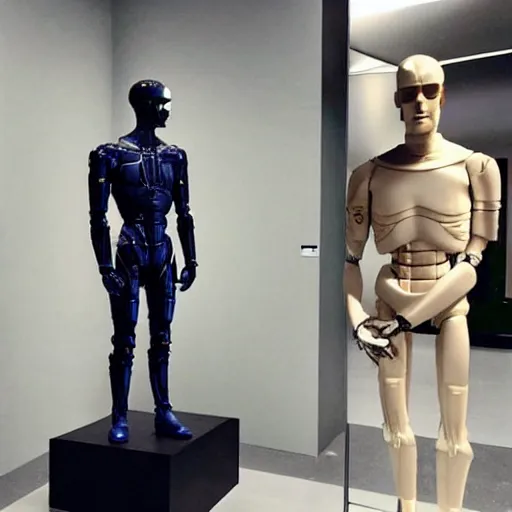 Image similar to “a realistic detailed photo of a guy who is an attractive humanoid who is half robot and half humanoid, who is a male android, actor Grant Gustin, shiny skin, posing like a statue, blank stare, at the museum, on display”