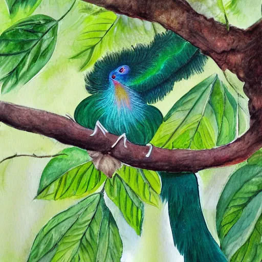 Image similar to A realistic painting of a Resplendent Quetzal in a wild avocado tree, watercolour, pastel colours