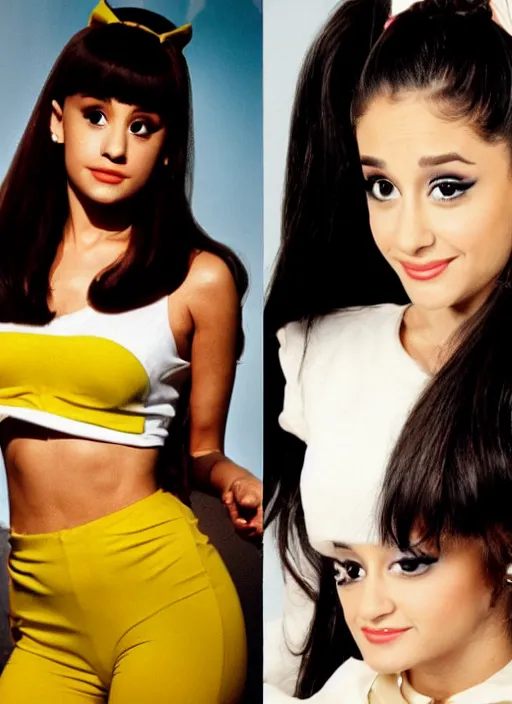 Image similar to Ariana Grande as a cute character from a pulp fiction 1970s