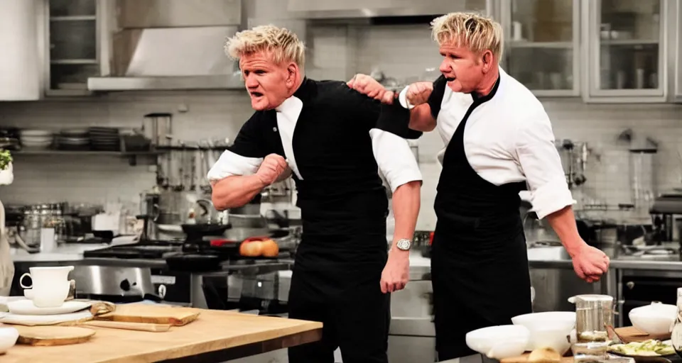 Image similar to photo of angry furious Gordon Ramsay punching Gordon Ramsay at the kitchen