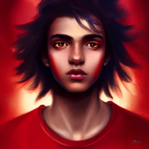 Image similar to colorful and festive captivating teenager with straight brown hair covering his eye, dark skin, big lips, wearing a red t - shirt. rich vivid colors, ambient lighting, dynamic lighting, 4 k, atmospheric lighting, painted, intricate, highly detailed by charlie bowater