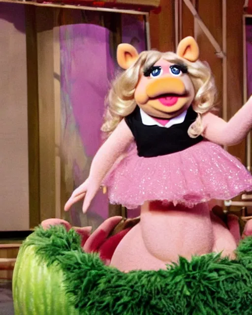 Image similar to miss piggy giving a ted talk on stable diffusion to an audience of muppets about the future of image generation. on the giant video screen behind miss piggy is picture of salvador dali sitting on an avocado toilet, photorealistic, ted talks, muppets