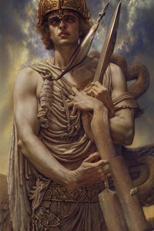 Image similar to an occult art portrait of alexander the great by wayne barlowe, gustav moreau, goward,  Gaston Bussiere and roberto ferri, santiago caruso, and austin osman spare