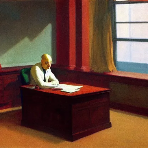 Image similar to a surreal figure sitting at his desk in an office, in a nightmare, by Edward Hopper, highly detailed,