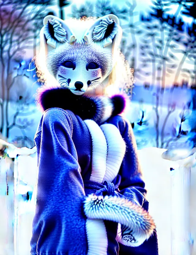 Image similar to a cute anthropomorphic arctic fox girl anthro wearing indigo ribbons and a fluffy robe, winter park background, intricate details, aesthetically complementary colors, scenic background, real life fursona photography. trending on artstation, top rated on pixiv and furaffinity