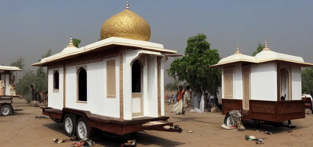 Image similar to mughal - style white ivory tiny home on trailer with minarets in agra, india